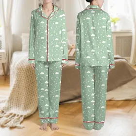 Women's Pastel Green Pure White Scattered Hearts Moons Stars Clouds Minimalist Design Satin Pajamas Set