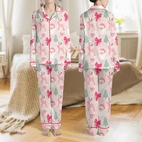 Women's Blush Pink Whimsical Christmas Santa Reindeer Pastel Teal Tree Gift Bow Pattern Satin Pajamas Set