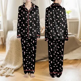 Women's Minimalist Black Light Pink Two-Lobed Cherry Scatter Pattern Satin Pajamas Set
