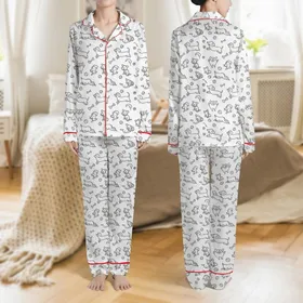 Dog Lovers' Playful White Outline Cartoon Dachshund Beagle Shiba Inu Pattern Black Satin Pajamas Set