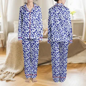 Women's Minimalist Royal Blue Fluid Organic Water Droplet & Leaf Pattern Satin Pajamas Set