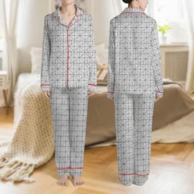 Women's Delicate Black Abstract Geometric Line Pattern on Light Silver Satin Pajamas Set