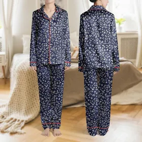 Women's Deep Indigo Navy Delicate Hand-Drawn Off-White Floral Sprig Cottagecore Pattern Satin Pajamas Set