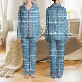 Women's Hand-Drawn Dusty Blue Plaid Eyelids Stars Muted Teal Sleep Pattern Satin Pajamas Set