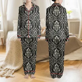 Women's Deep Black Cream Ivory Ornate Floral Lace & Geometric Mesh Illustrative Pattern Satin Pajamas Set