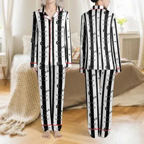 Women's Black White Vertical Stripe Minimalist Celestial Eyelash Zzz Pattern Satin Pajamas Set