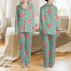 Women's Whimsical Aquamarine Floral Coral Pink Blush Pink Jade Teal Botanical Tapestry Satin Pajamas Set