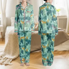 Women's Pale Aqua Deep Teal Tropical Foliage Tiger Stripe Leopard Rosette Zebra Stripe Pattern Satin Pajamas Set