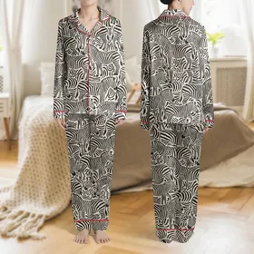 Women's High-Contrast Black Cream Illustrative Zebra Seamless All-Over Print Satin Pajamas Set
