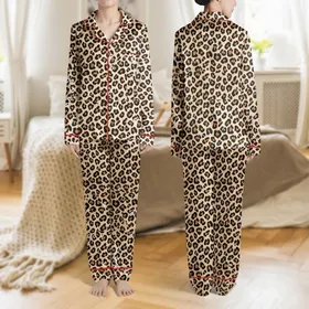 Women's Seamless Brown Black Leopard Print & Casual White Outline Hearts Pattern Satin Pajamas Set