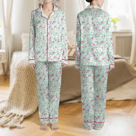 Women's Delicate Mint Aquamarine Fuchsia Pink Peach Scattered Floral Blooms Satin Pajamas Set