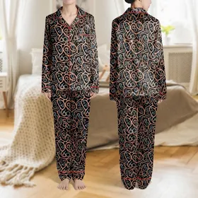 Women's Deep Black Metallic Rose Gold Coppery Organic Line Geometric Pattern Muted Blue Satin Pajamas Set