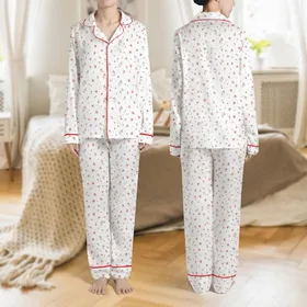 Women's Delicate Hand-Drawn Coral Pink Rosebud & Sage Green Leaf Floral Satin Pajamas Set