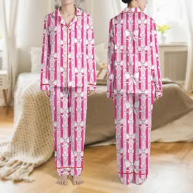 Women's Cute Hand-Drawn Bows Fuchsia Pastel Pink Striped Polka Dot Pattern Satin Pajamas Set