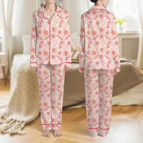 Women's Light Pink Whimsical Christmas Red White Candy Cane Gingerbread Cookie Peppermint Starflake Pattern Satin Pajamas Set