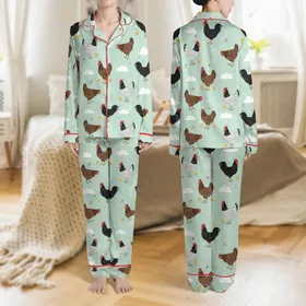 Women's Playful Speckled Hens, Red-Combed Roosters, & Chicks Pale Aqua Farm Pattern Satin Pajamas Set