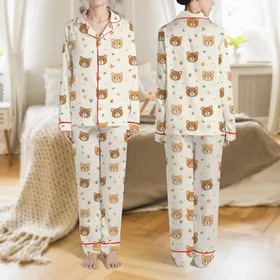 Women's Whimsical Teddy Bear Faces Paw Print Honeycomb Leaf Pattern Creamy Beige Warm Brown Sage Green Satin Pajamas Set