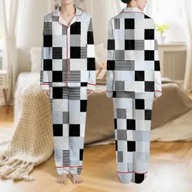 Women's Minimalist Graphic Interlocking Blocks White Black Blue-Grey Stripes Polka Dots Satin Pajamas Set