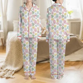 Women's Whimsical Hand-Drawn Abstract Floral Scatter in Pastel Pink Sage Lavender Blue Yellow on White Satin Pajamas Set