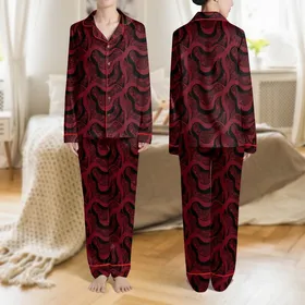 Women's Sophisticated Deep Ruby Red & Pure Black Abstract Satin Drapes & Delicate Lace Pattern Satin Pajamas Set