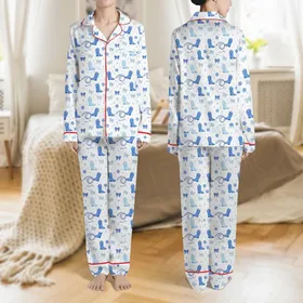 Women's Whimsical Pastel & Vibrant Blue Cowboy Boot Lasso Bow Star Floral Seamless Pattern Satin Pajamas Set