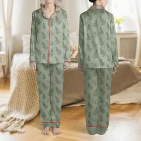 Nature Lovers' Elegant Minimalist Sage Green Tone-on-Tone Fern Fronds Seamless Pattern Satin Pajamas Set
