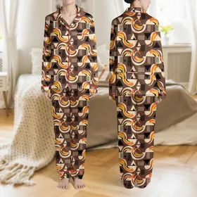 Women's Abstract Minimalist Thermal Wave Pattern: Cocoa Brown, Warm Beige, Jet Black, Fiery Orange, Yellow Accents Satin Pajamas Set