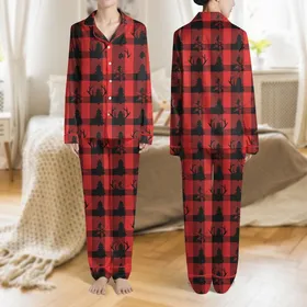 Women's Bright Red Black Textured Buffalo Plaid Pine Tree Snowflake Antler Pattern Satin Pajamas Set