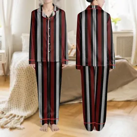 Women's Minimalist Geometric Varying Ribbed Black Burgundy Light Grey Stripes Satin Pajamas Set