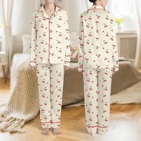 Women's Soft Cream Background Delicate Cherry Red Green Scattered Motif Satin Pajamas Set