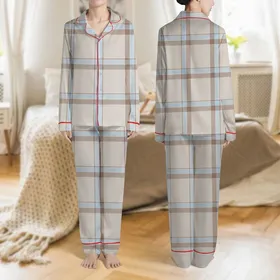 Women's Soft Greige Flat Geometric Tartan Muted Brown Blue Cross-Hatch Pattern Satin Pajamas Set