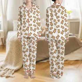 Women's Off-White Seamless Pattern featuring Scattered Warm Brown Teddy Bears with Dark Brown Outlines and Pinkish Noses Satin Pajamas Set