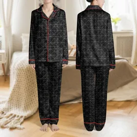Women's Sleek Modern Abstract Geometric Intersecting Line Pattern with Deep Black and Metallic Silver Accents Satin Pajamas Set