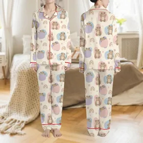 Gentle Aesthetic Women's Playful Cartoon Bears Pastel Blobs Muted Rainbows Cream Satin Pajamas Set