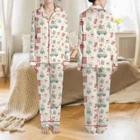 Women's Whimsical Off-White Christmas Camper Mailbox Snowglobe Gingerbread Print Satin Pajamas Set