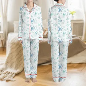 Women's Whimsical Watercolor Royal Blue Octopus Sky Blue Jellyfish Ocean Scape Pattern Satin Pajamas Set