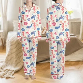 Women's Whimsical Ocean Blue Coral Pink Off-White Sea Turtle Seahorse Pattern Satin Pajamas Set