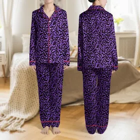 Women's Abstract Flowing Leopard Spots Vibrant Purple Violet Eggplant Black Outlined Design Satin Pajamas Set