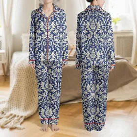 Women's Deep Sapphire Blue Cream Off-White Ornate Baroque Damask Acanthus Pattern Satin Pajamas Set
