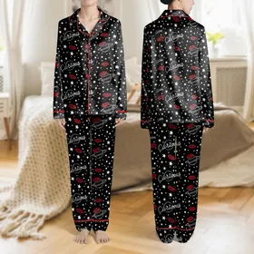 Women's Illustrative Black Red White Cosmic Starry Planet Moon Red Lips Curious Script Satin Pajamas Set