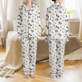 Women's Off-White Dark Navy Blue Elegant Vector Bows Roses Polka Dots Seamless Pattern Satin Pajamas Set