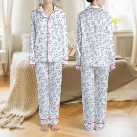 Women's Delicate Hand-Drawn Sky Blue & Navy Wildflower Botanical Pattern Satin Pajamas Set