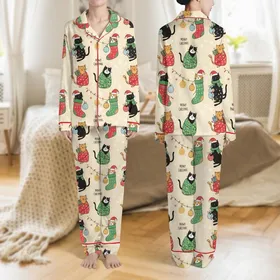 Women's Whimsical Hand-Drawn Festive Cats Pattern with Santa Hats, Stockings, Ornaments, Snowflakes, Cream Red Green Satin Pajamas Set