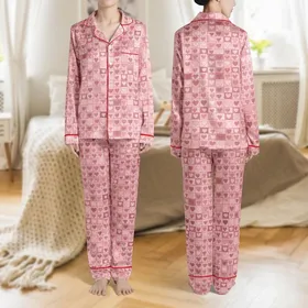 Women's Sweet Pastel Pink Monochromatic Seamless Interlocking Shapes with Layered Flat Hearts Satin Pajamas Set