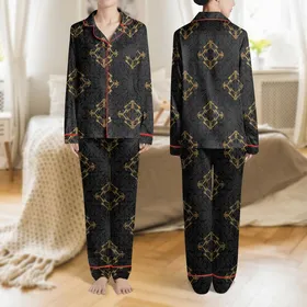 Women's Intricate Delicate Floral Lace Charcoal Grey Black Gold Filigree Satin Pajamas Set