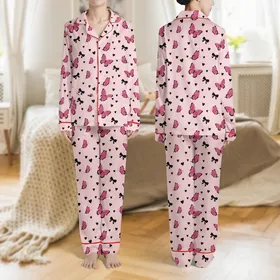 Women's Cute Illustrative Pastel Pink Hot Pink Butterfly Black Bow Heart Scatter Pattern Satin Pajamas Set
