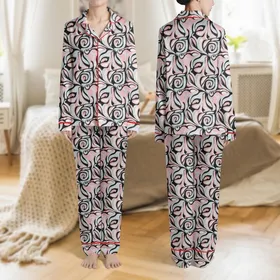 Women's Elegant Fluid Abstract Pastel Pink Silvery Blue-Grey Botanical Motif Satin Pajamas Set