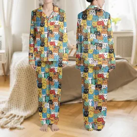 Cat Lovers' Playful Cartoon Cat Pattern, Orange, Yellow, Blue, Pink, Purple Hues, Bold Outlines, Expressive Faces Satin Pajamas Set