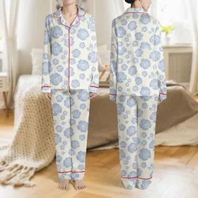 Women's Muted Light Periwinkle Blue Soft-Edged Rose Bloom Painterly Abstract Floral Pattern Satin Pajamas Set