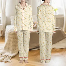 Women's Minimalist Cream Hand-Drawn Floral Pale Yellow Olive Green Pattern Satin Pajamas Set